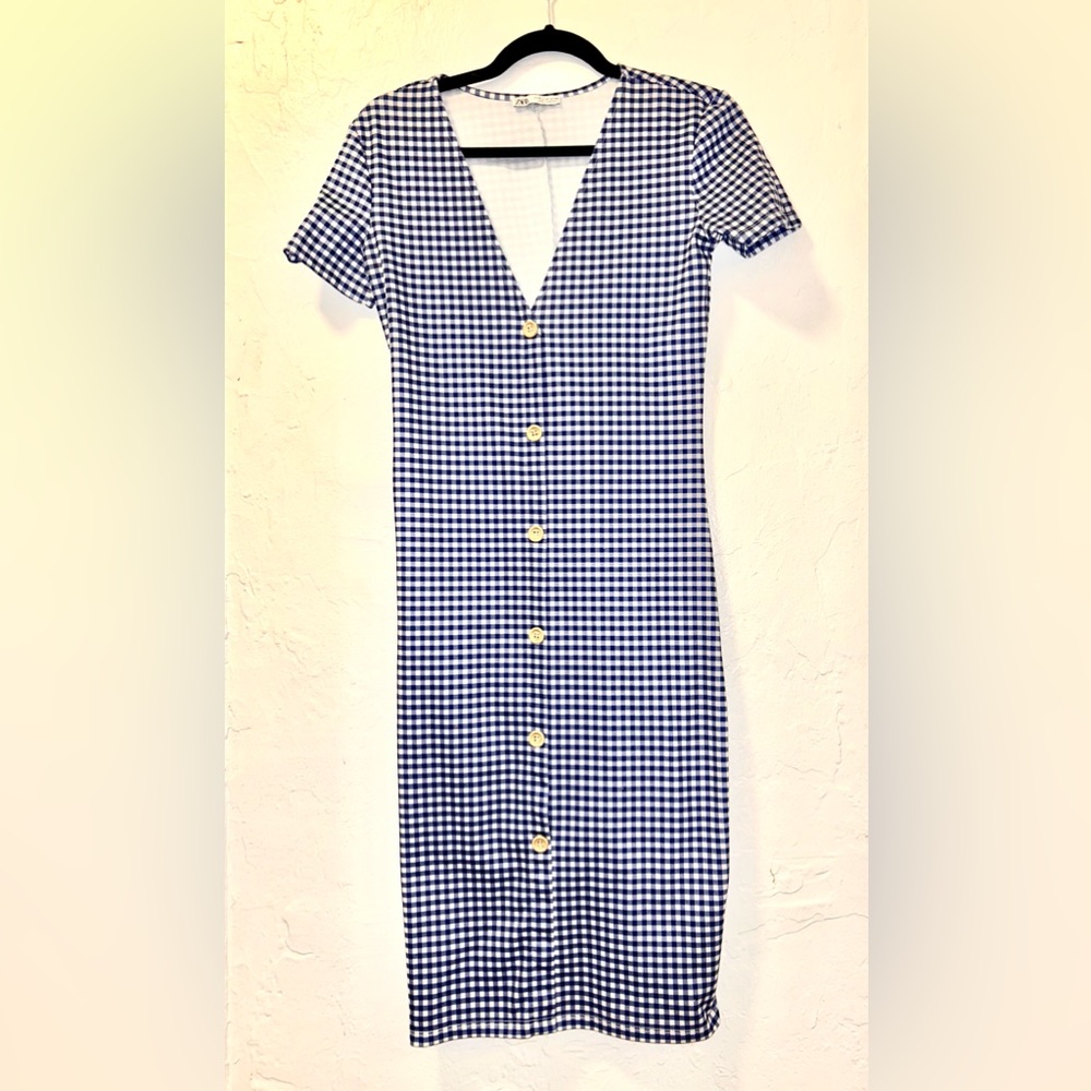 ZARA navy & white gingham midi dress 🤍